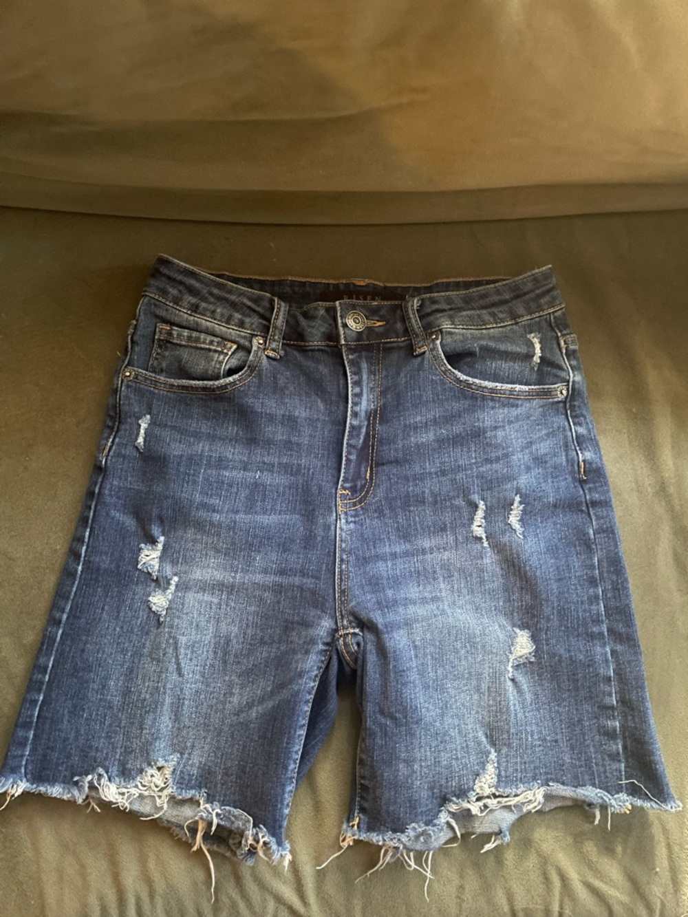 Risen High-Rise Distressed Denim Shorts - Dark Blue Size M